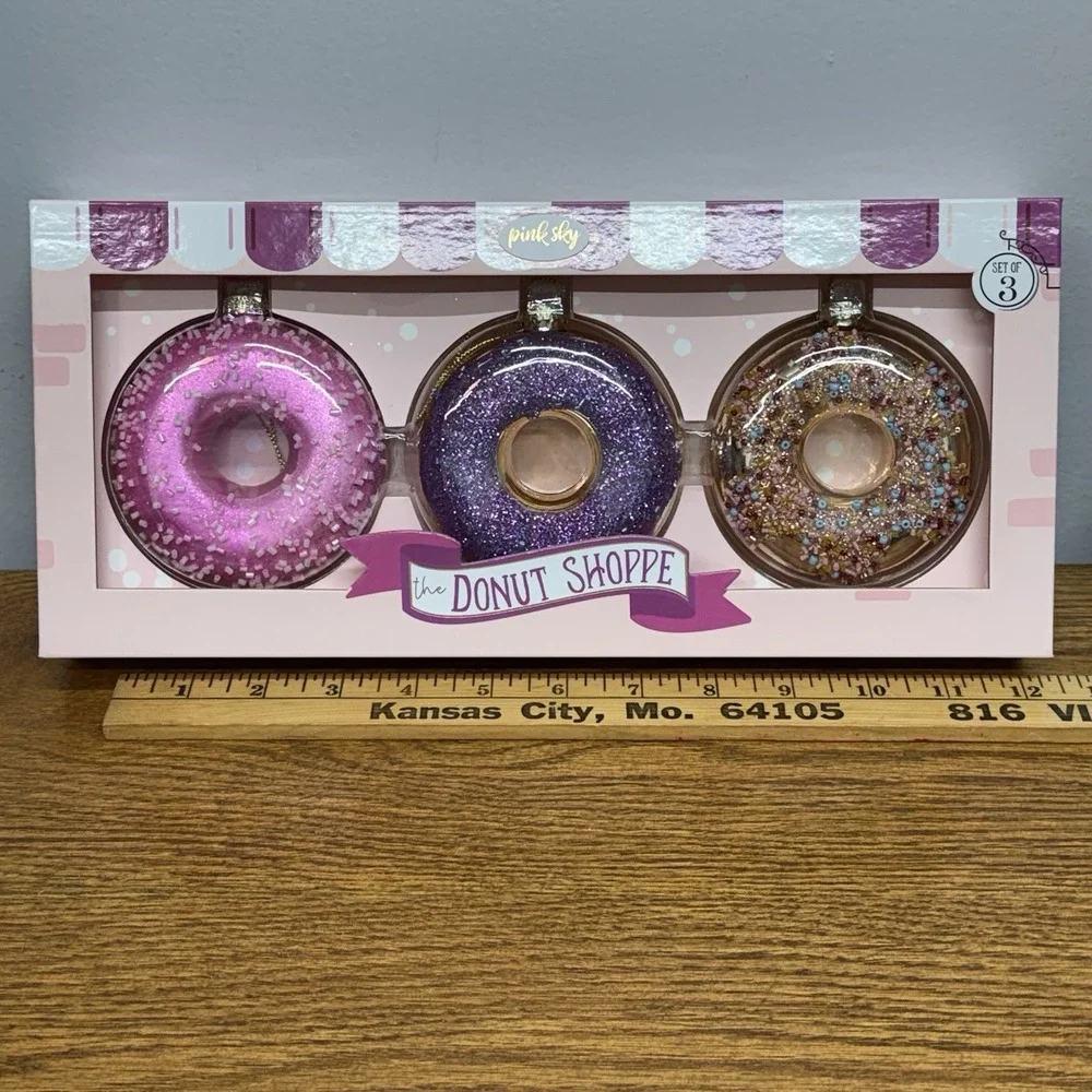 Pink Sky GLASS Iced Donut Shoppe Ornaments Pink Purple Sprinkles 3 Pack 3.5